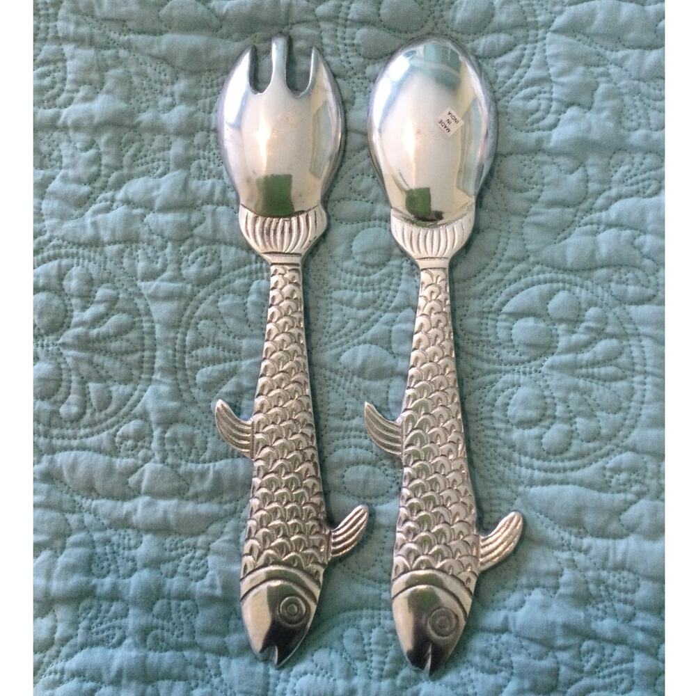 Salad Serving Utensils Fork and Spoon Sandcast Aluminum 12" - Picture 3 of 3